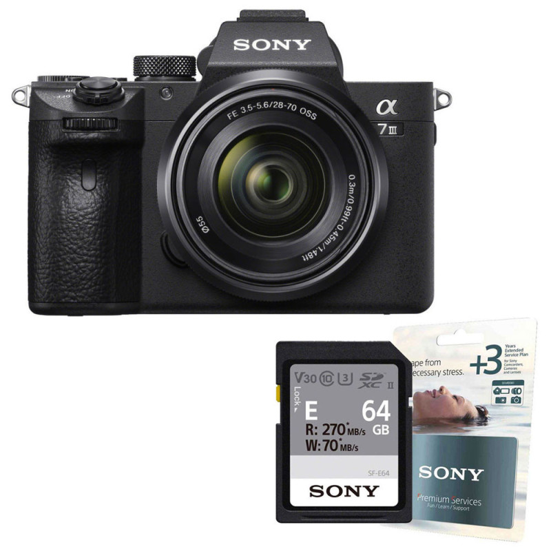 SONY ALPHA 7 III + FE 28-70 mm f/3,5-5,6 OSS + SD 64Go V30 + Extension de garantie +3 ans Sony