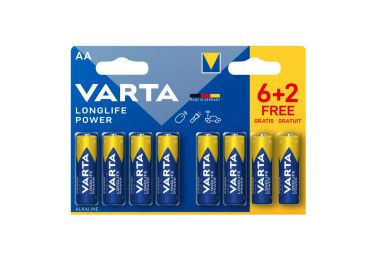 Piles VARTA Longlife Power AA (Pack 6+2 Offertes) – Performance Optimale pour Flashs et Boîtiers Photo