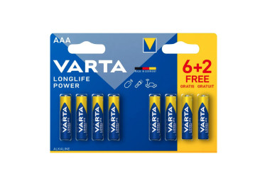 Piles VARTA Longlife Power AAA (Pack 6+2 Offertes) – Performance Optimale pour Flashs et Boîtiers Photo
