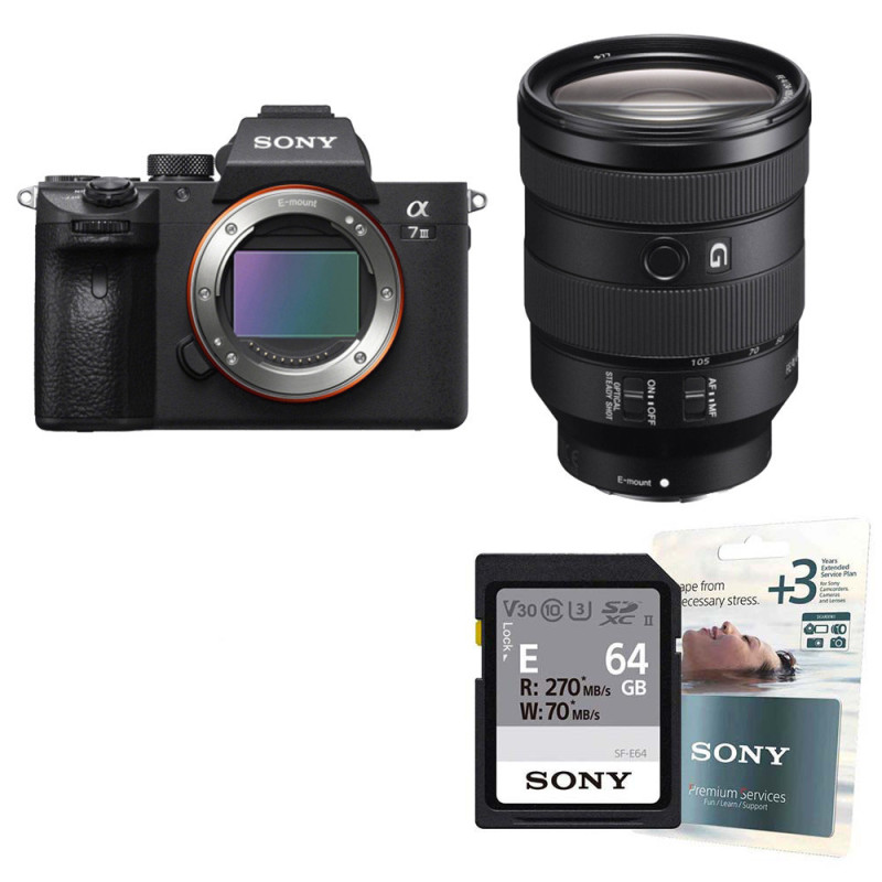 SONY ALPHA 7 III + FE 24-105 mm f/4 G OSS + SD 64Go V30 + Extension de garantie +3 ans Sony