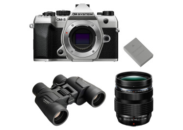 OM SYSTEM OM-5 Mark II Silver + 12-40 mm f/2,8 PRO II + Jumelles 8-16X40 S + 2e batterie BLS-50 | Kit Camara