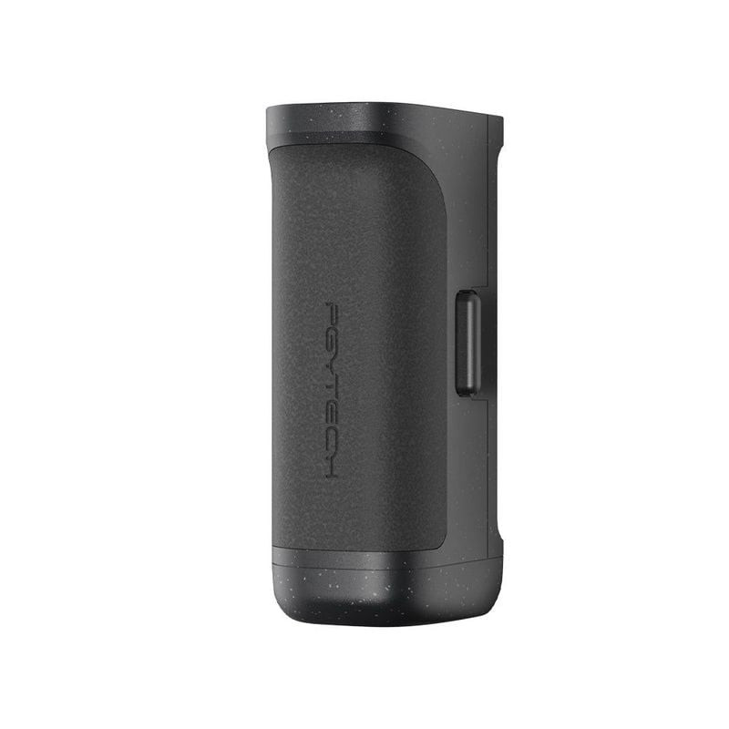 Module de batterie PGYTECH MagCam noir mat, vue de côté montrant la poignée ergonomique, logo PGYTEC