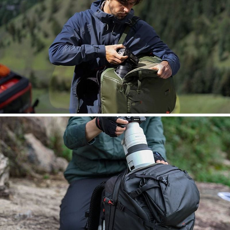 Randonneur accédant à un objectif depuis le sac PGYTECH OnePro Focux 25L Space Black en extérieur, s