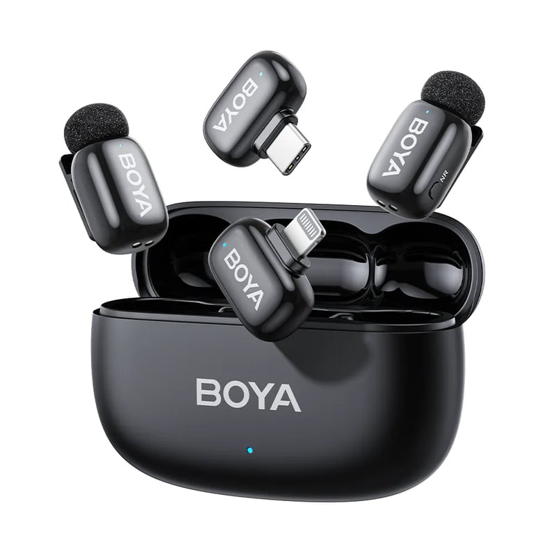 Packshot du système micro sans fil BOYA Mini-14 : deux émetteurs noirs avec pare-vents, récepteurs U