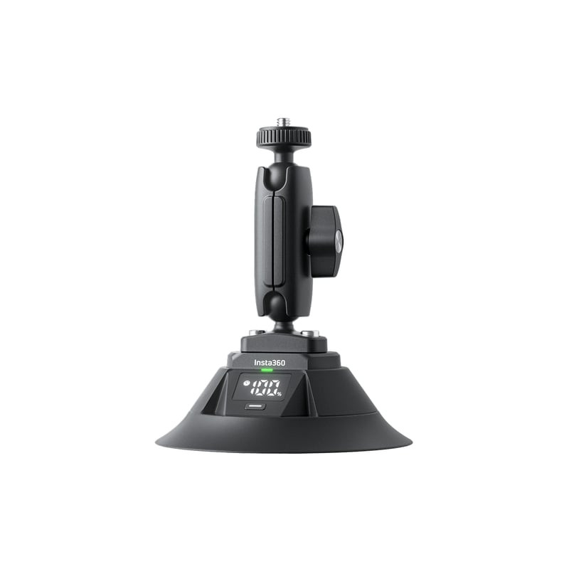 Packshot du support à ventouse électrique Insta360, avec la double rotule et la ventouse sur fond bl