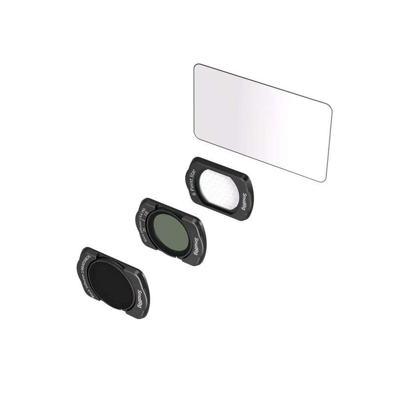 Gros plan des filtres magnétiques SmallRig pour DJI Osmo Pocket 3 montrant le design empilable en al
