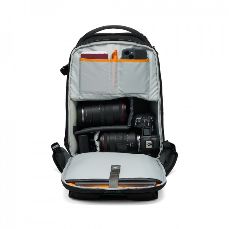Un voyageur portant un sac à dos Lowepro Fastpack BP 150 AW IV (2010623) devant un panorama montagne