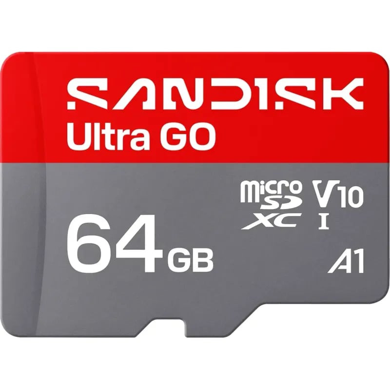 Packshot de la carte microSDXC UHS-I SanDisk Ultra GO 64 Go avec adaptateur, vitesse 140 Mo/s et per