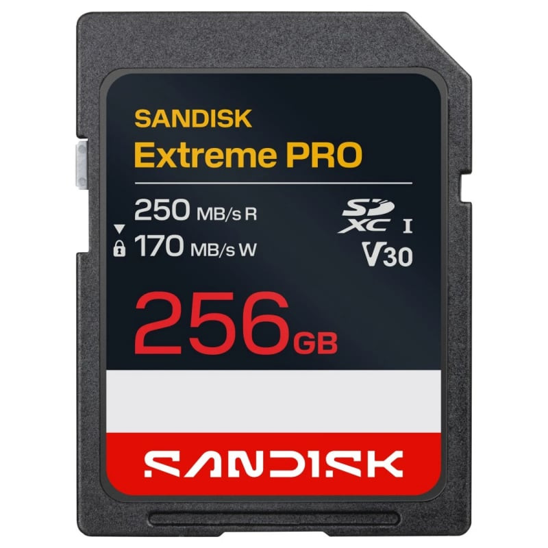 Vue de face de la carte mémoire SanDisk Extreme PRO SD UHS-I 256 Go (2010686) avec design rouge et n