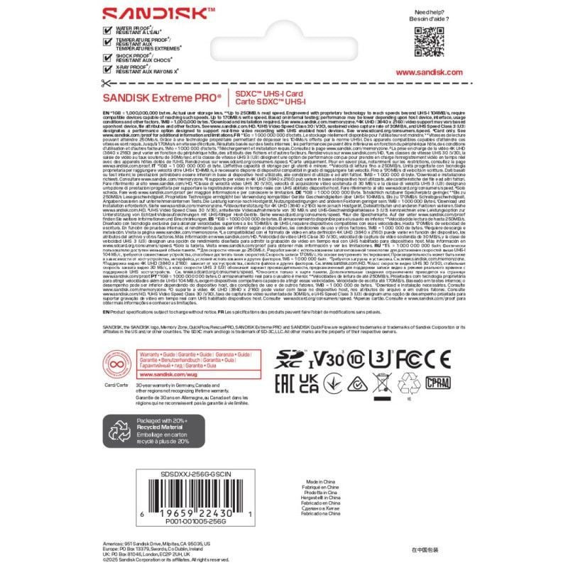 Gros plan de l'étiquette SanDisk Extreme PRO SD UHS-I 256GB (2010686) avec capacité et classe de vit