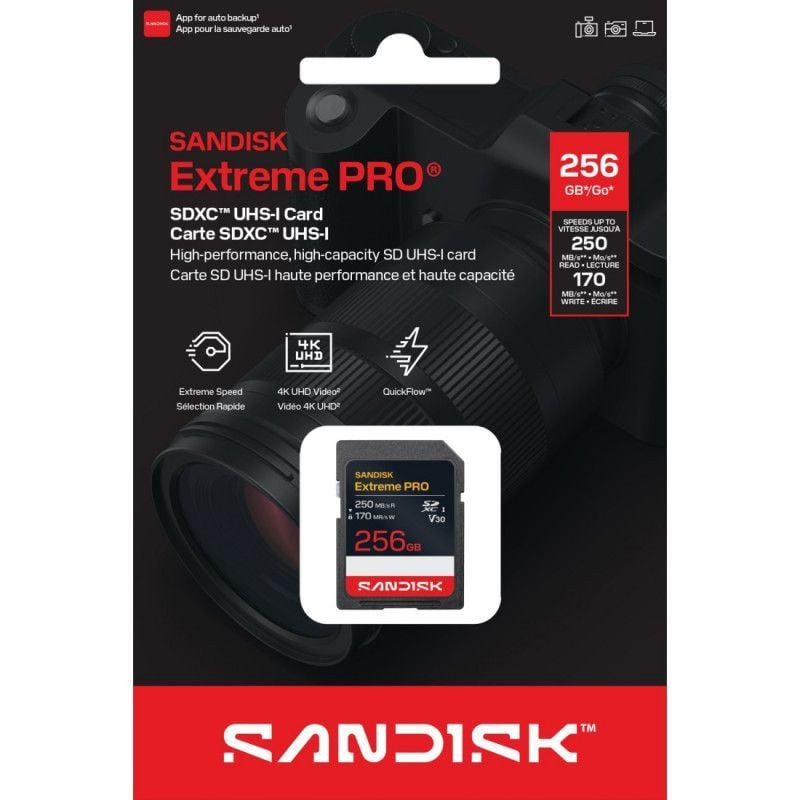 Packshot en angle de la carte SanDisk Extreme PRO SD UHS-I 256 Go (2010686) dans son emballage de ve