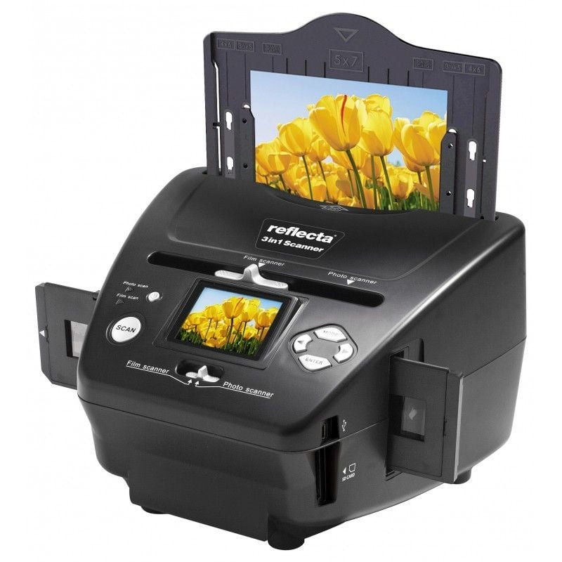 Packshot du scanner 3 en 1 Reflecta 1353395 sur fond neutre, design compact avec écran LCD et bouton