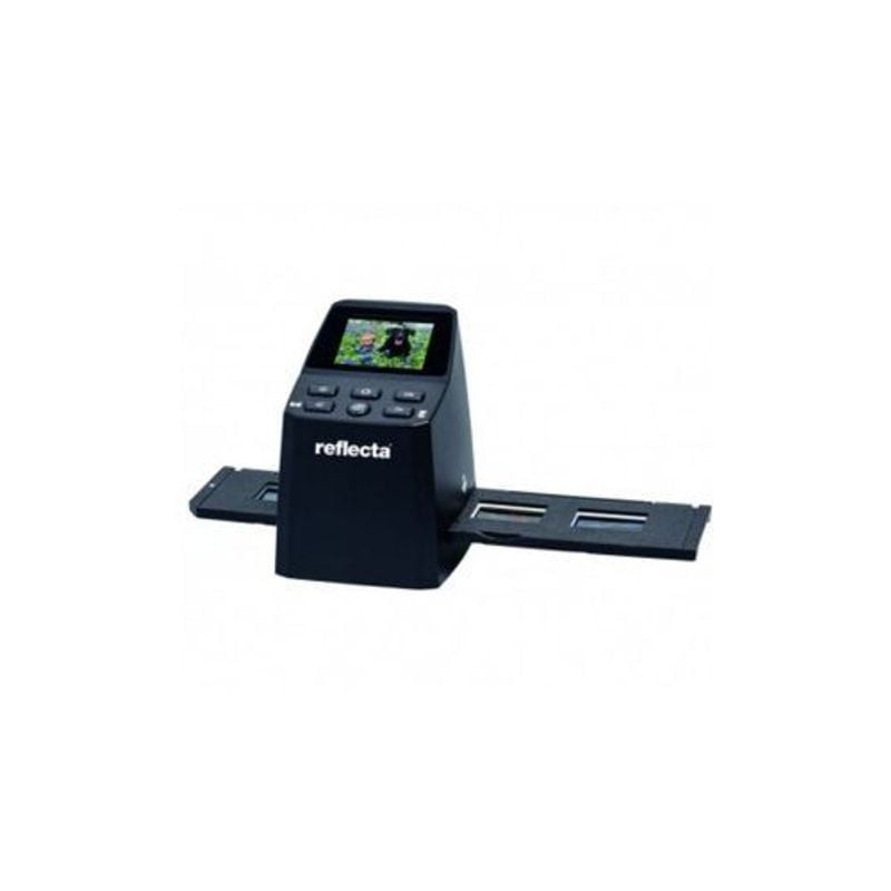 Vue latérale du scanner reflecta x22-Scan, fente pour film, boutons et design compact autonome.