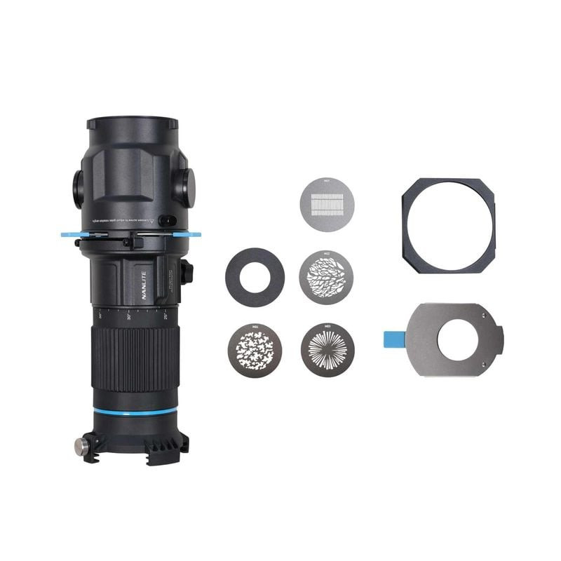 Vue de face du support NANLITE PJ-BM-25-45 avec objectif et volets coupe-flux fermés, construction a