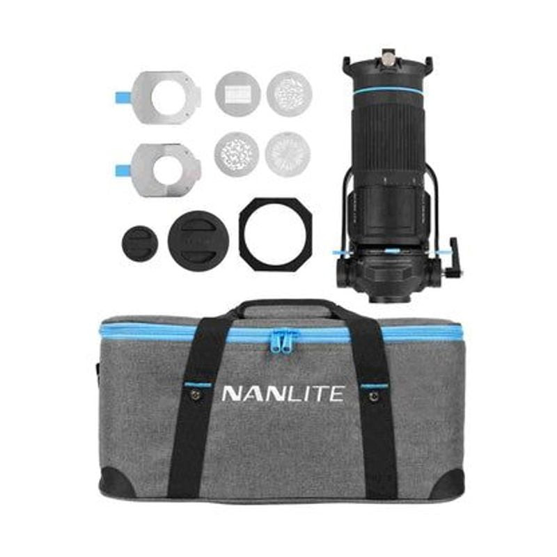 Vue latérale de l'accessoire de projection Nanlite FM Mount montrant la bague de réglage du zoom et 