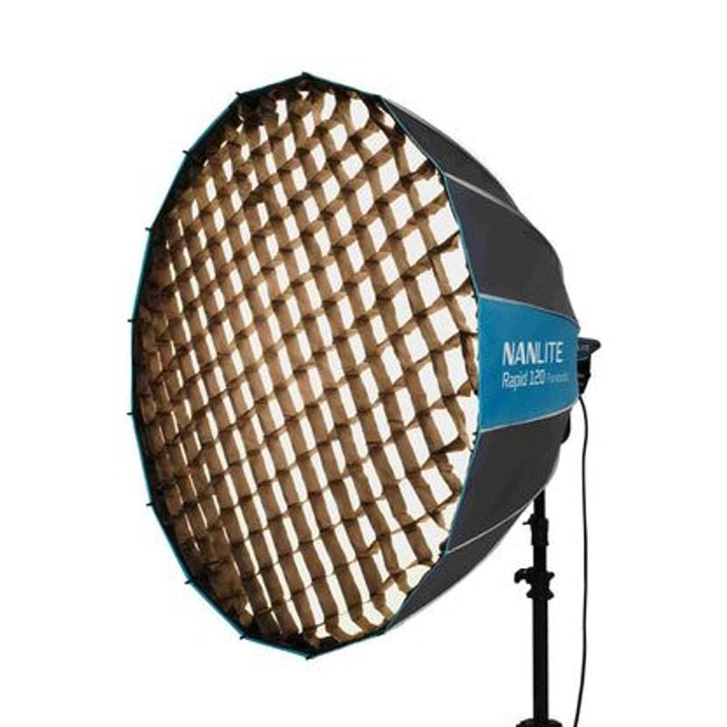 Softbox Nanlite Rapid 120 avec deux panneaux de diffusion, montrant les options de lumière douce.