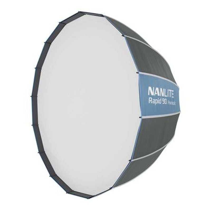 Vue d'ensemble de la softbox Nanlite Rapid 90 montrant son design parabolique profond à 16 côtés et 
