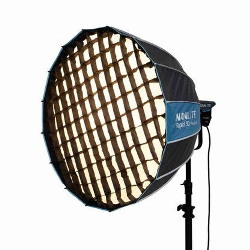 Softbox Nanlite Rapid 90 en ambiance studio avec grille en nid d'abeille et diffuseurs