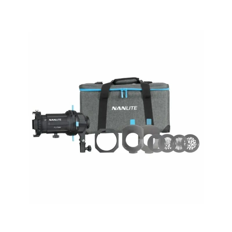 Accessoire de projection Nanlite Forza PJ-FMM avec lentille 19°, vue de face montrant les volets et 