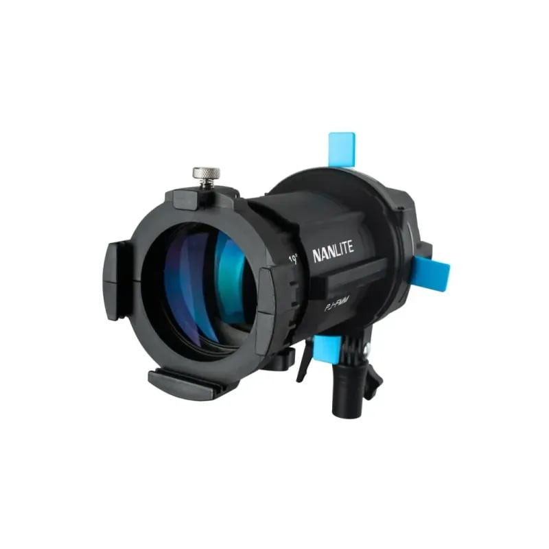 Vue angulaire de l'accessoire de projection Nanlite Forza PJ-FMM avec leviers de réglage des volets.