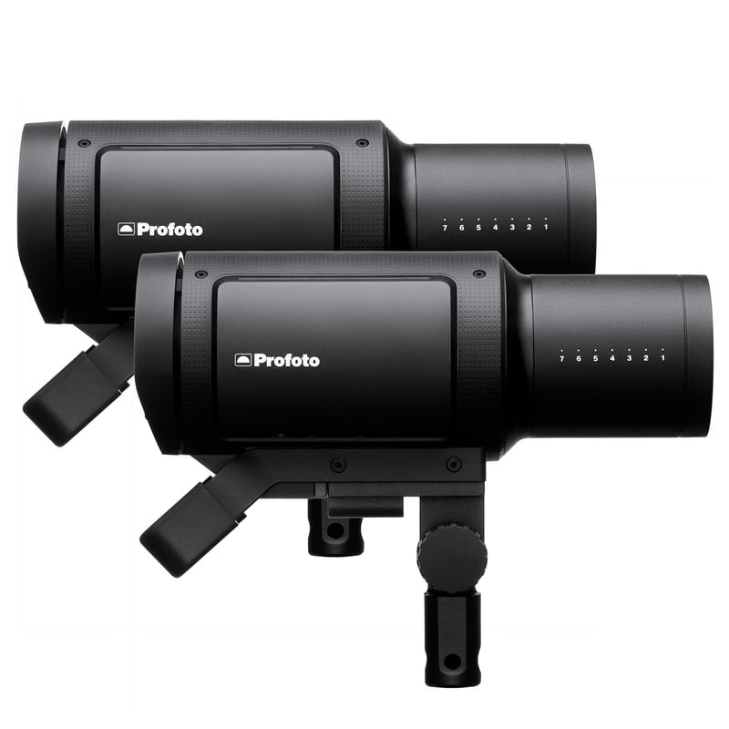 Système flash Profoto 523472 Pro-B3 Duo Kit avec deux têtes et mallette de transport sur fond blanc.