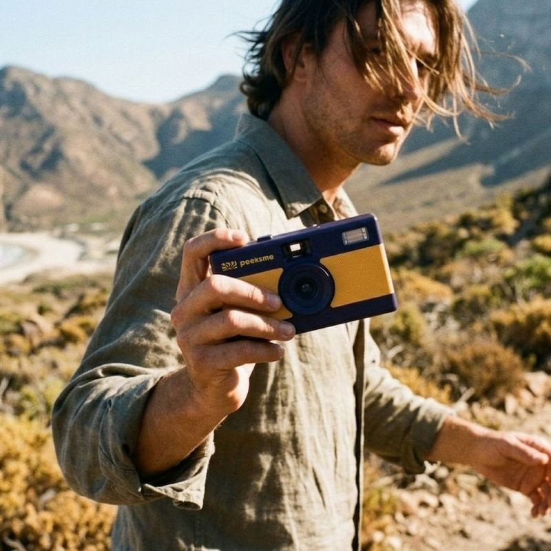 Homme tenant l'appareil photo numérique rétro Peeksme Jaune en extérieur dans un paysage de montagne