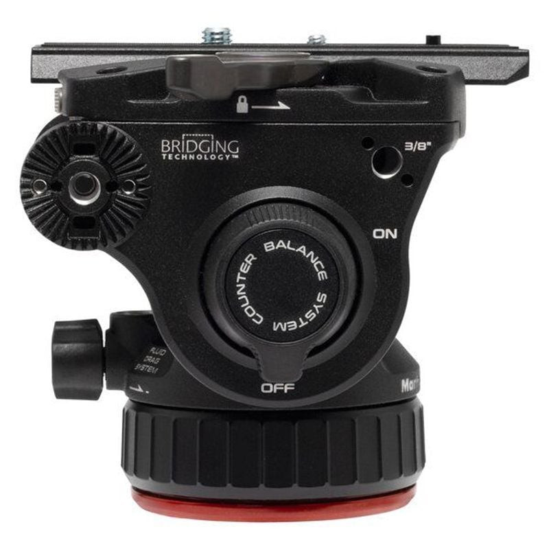 Vue de face de la rotule fluide Manfrotto 502X : molette, traînée fluide et filetage 3/8 pouce
