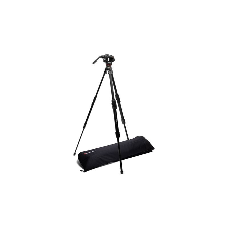 Vue inclinée du trépied Manfrotto ONE Video en aluminium avec rotule fluide 502X à côté de son sac d
