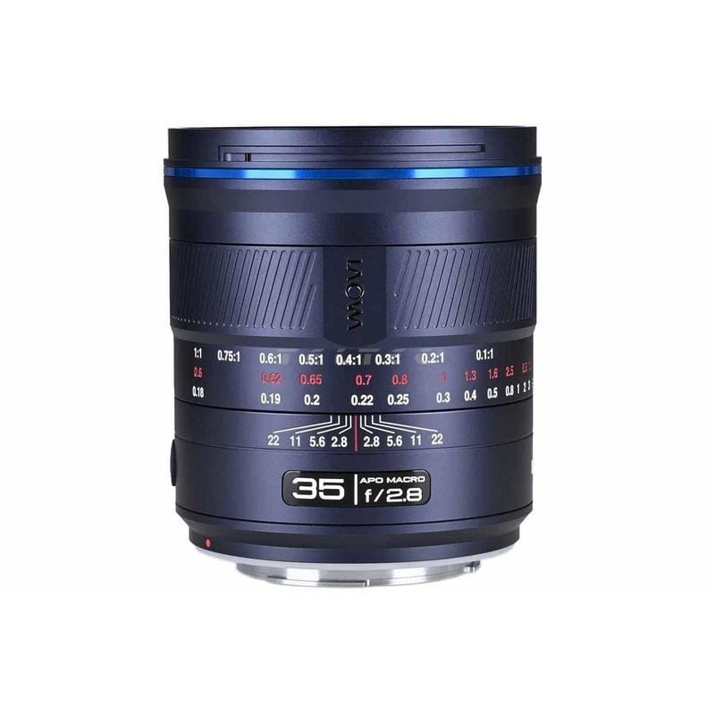 Objectif Laowa 35mm f/2,8 ACRIS Macro APO pour Canon EF, vue de côté avec échelles de mise au point 