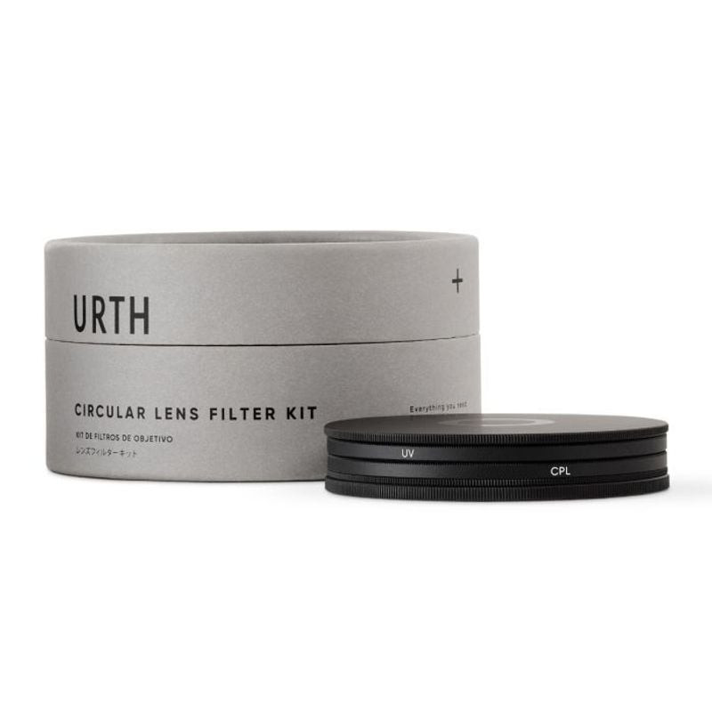Kit Urth UV+CPL Filter Plus 72mm avec emballage cylindrique gris et filtres UV et CPL empilés aux bo