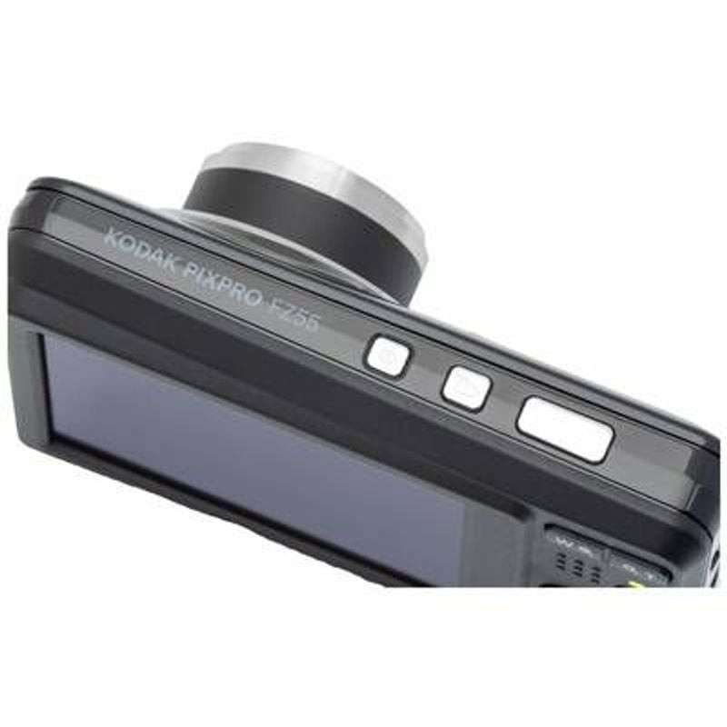 Vue de dessus inclinée du Kodak PIXPRO FZ55 montrant le barillet, les boutons et l'écran de 2,7 pouc