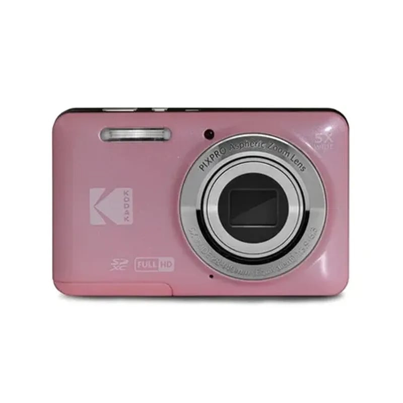 Appareil photo numérique compact KODAK FZ55 ROSE rose, vue de face avec zoom 5x, flash et logo KODAK