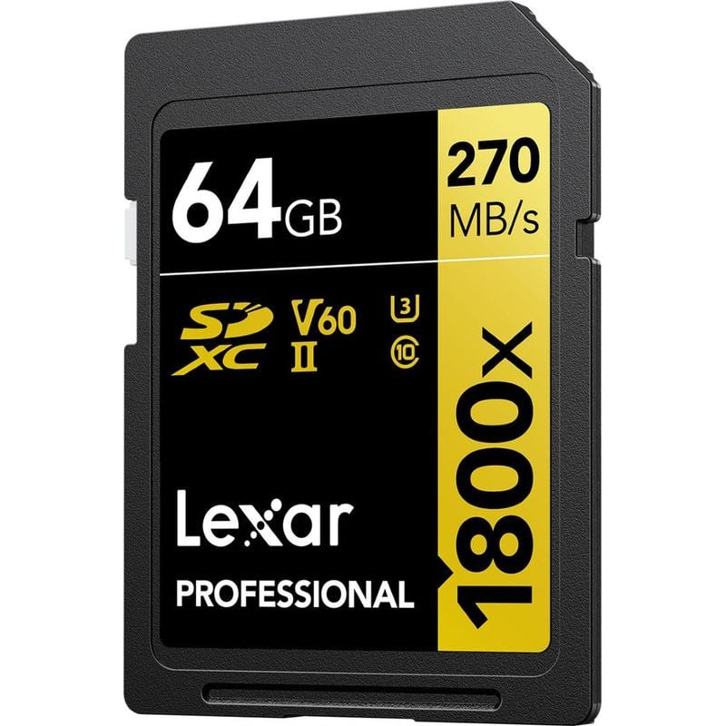 Carte Lexar Professional 1800x UHS-II SDXC 64 Go, face avant avec labels V60, U3 et Class 10 sur éti