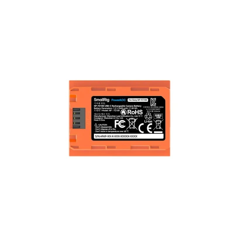 Étiquette arrière de la batterie SmallRig 4969 orange : 7,2V 2400mAh 17,28Wh, certifications et numé