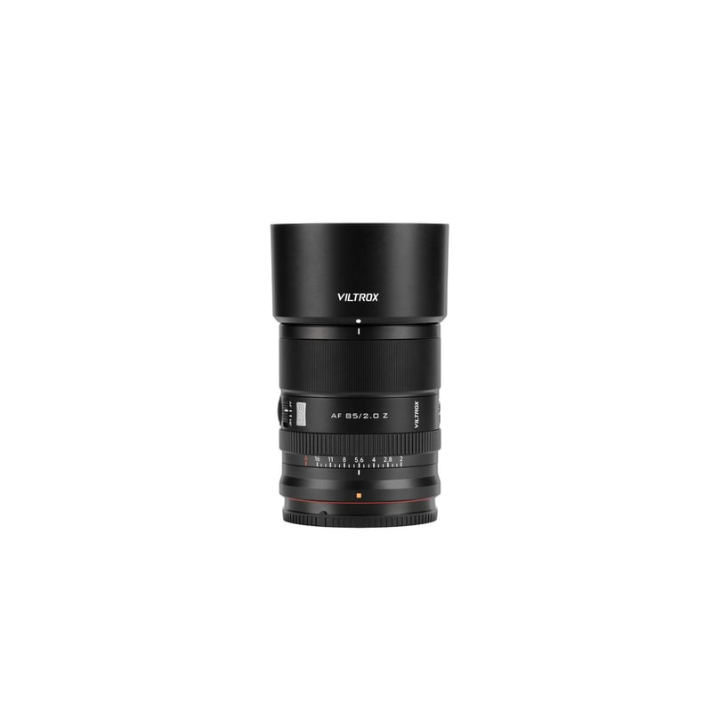 Packshot de l'objectif VILTROX AF 85mm f/2 EVO Monture Nikon Z Plein format, vue de face sur fond bl