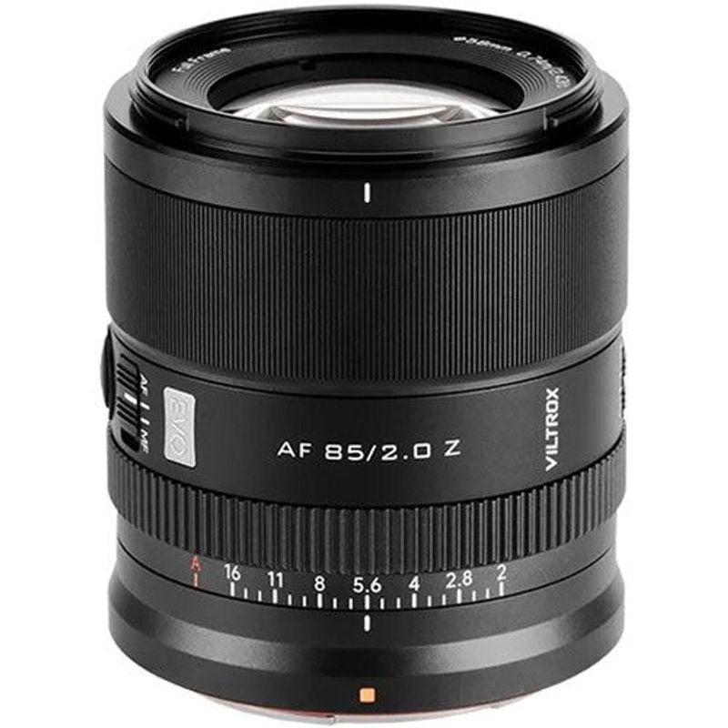 Packshot de l'objectif VILTROX AF 85mm f/2 EVO Monture Nikon Z Plein format, vue de face sur fond bl