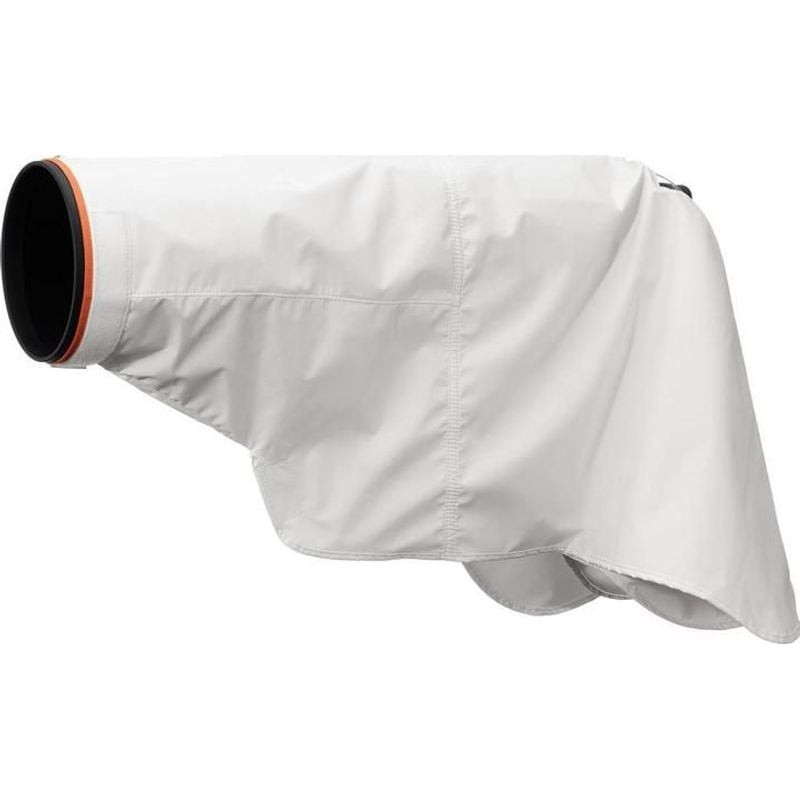 Packshot de la housse de pluie Sony LCR-EL blanche avec ouverture pour objectif, bord noir et liseré