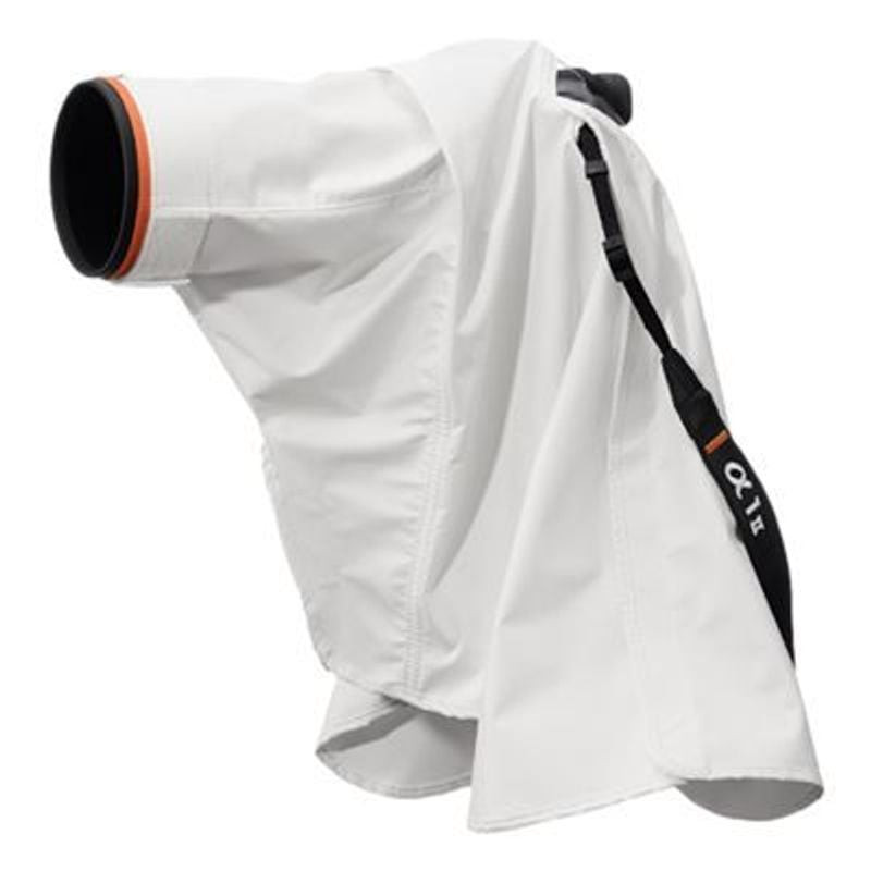 Packshot de la housse de pluie Sony LCR-ES blanche pour appareil photo Alpha, protection intempéries