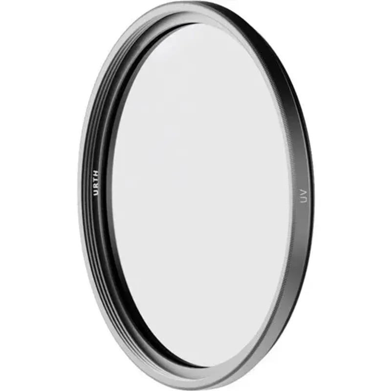 Vue de face du filtre Urth UV Pro 58 mm avec monture argent-noir et verre optique clair, gravures UR