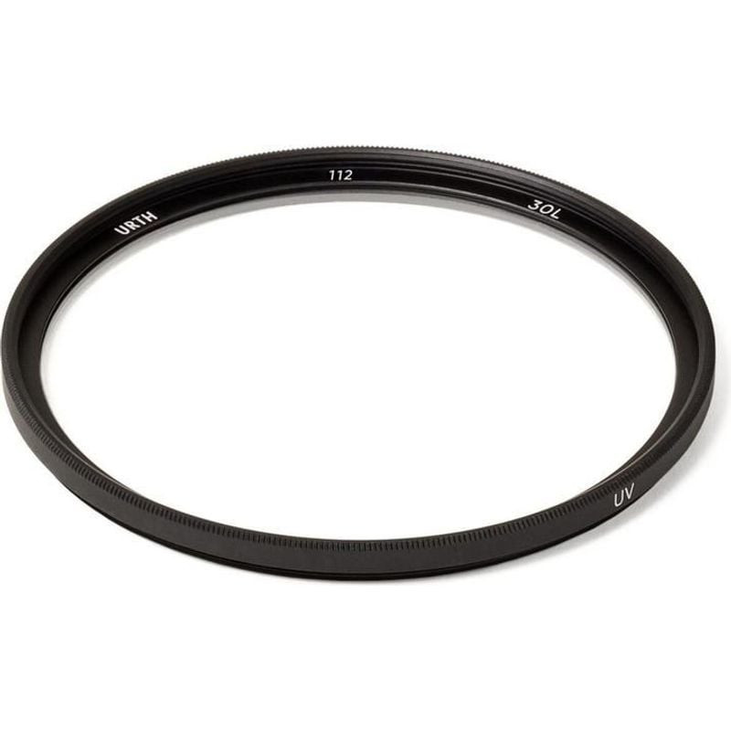 Vue de face du filtre UV Urth Plus 112 mm, avec gravures 112, URTH et 30L sur le contour noir fin su