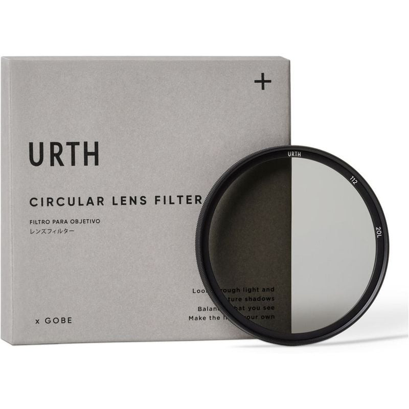 Filtre URTH PLC Plus+ 112 mm à côté de sa boîte grise recyclable portant le logo URTH Circular Lens 