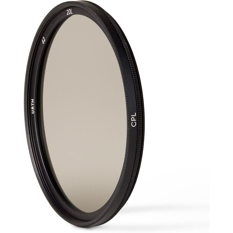 Vue de profil du filtre polarisant Urth CPL Plus+ 62 mm : cadre noir fin et bord moleté antidérapant