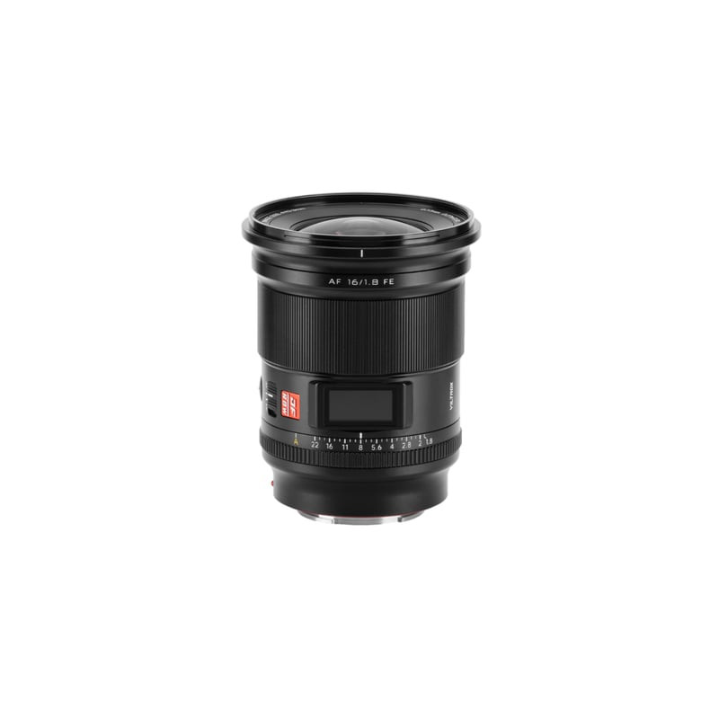 Packshot de l'objectif VILTROX AF 16mm f/1,8 Sony E Plein format Ultra grand-angle, vue de face sur 