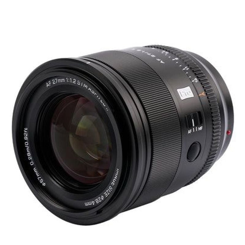 Packshot de l'objectif VILTROX AF 27mm f/1,2 PRO Monture Sony E APS-C, vue de produit sur fond blanc