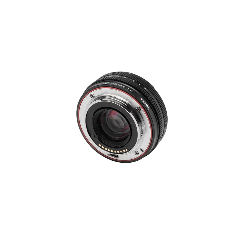 Vue arrière de l'objectif Viltrox AF 26mm f/2.8 EVO Sony : baïonnette monture E, contacts dorés et b