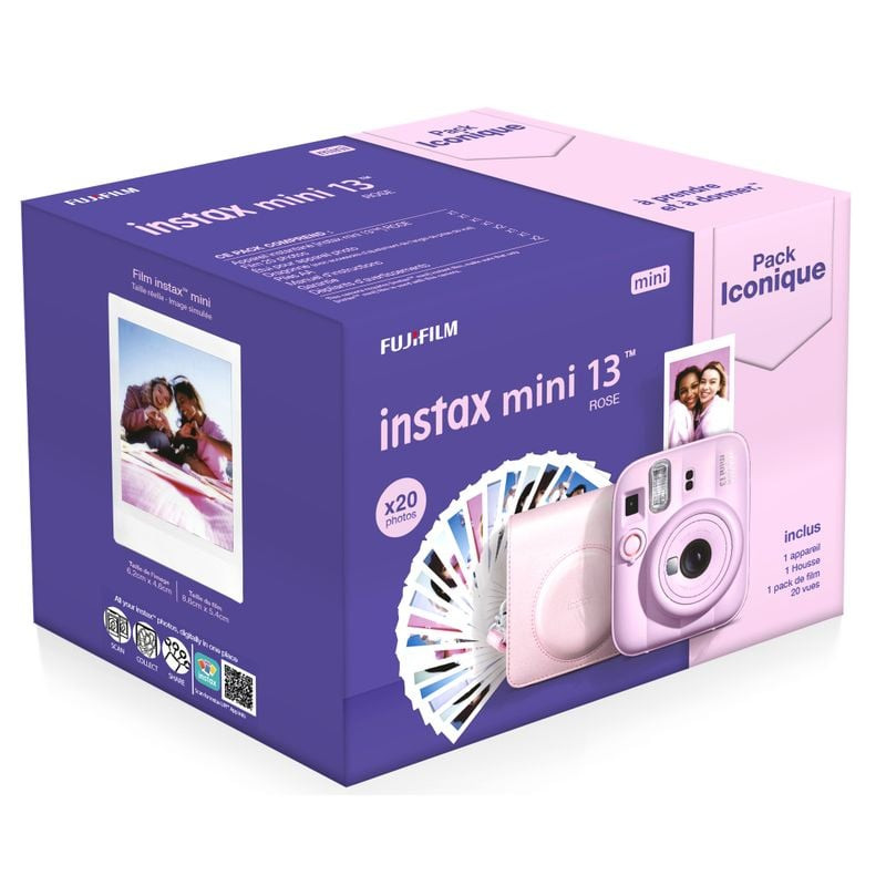 Boîte du pack iconique Fujifilm instax mini 13 rose avec appareil photo rose, étui assorti et film i