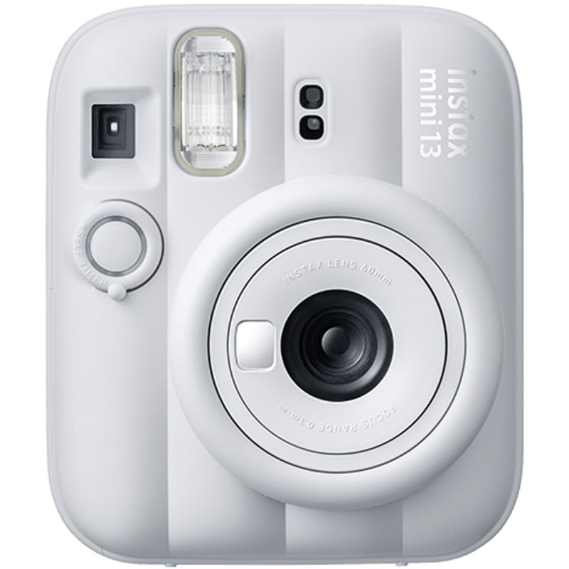 Vue de face de l'appareil photo instantané FUJIFILM Instax Mini 13 blanc avec objectif, flash, miroi
