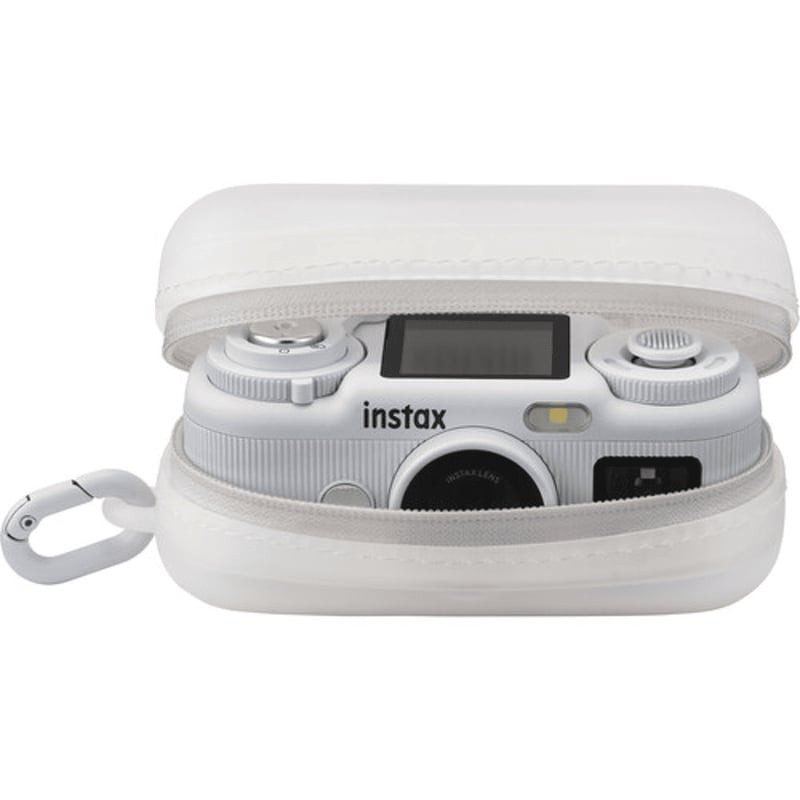 Housse blanche Fujifilm Instax PAL 2 ouverte dévoilant l’appareil Instax PAL 2 bien installé à l’int