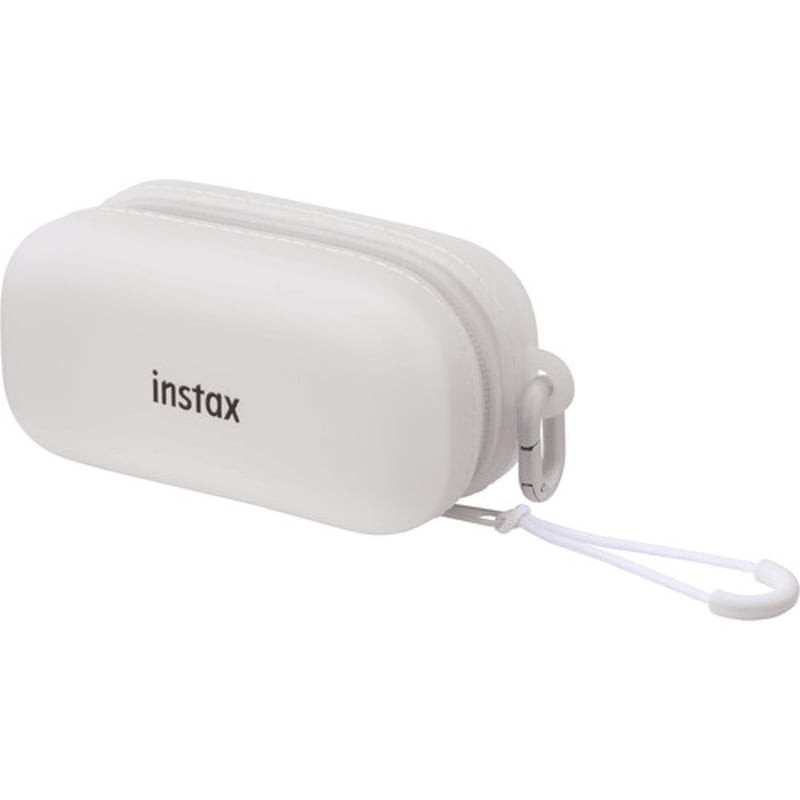 Vue inclinée de la housse moulée blanche Fujifilm Instax PAL 2 avec fermeture à glissière et mousque