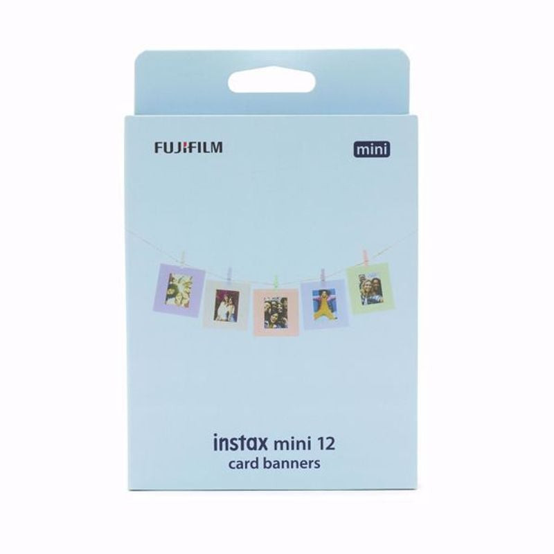 Boîte de détail bleu clair Fujifilm instax mini 12 avec guirlande de cinq cadres photo pastel